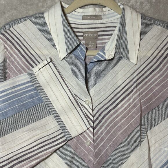 Chico's Linen Tunic Blouse Women's Size 2 Purple Blue Striped 3/4 Sleeve Button - Picture 11 of 11